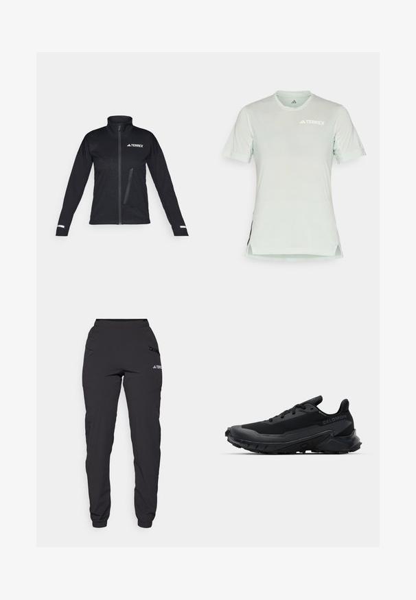 Veste softshell noire avec un col haut, fermeture éclair à l'avant, poche latérale, motif texturé sur le tissu et accents réfléchissants sur les manches.; T-shirt de sport à manches courtes en vert menthe clair avec des accents en maille respirante, logo TERREX en blanc, col rond, fentes sur les côtés et texture douce.; Pantalons étanches noirs avec une taille élastique, des poches latérales zippées, des jambes fuselées et des poignets côtelés aux chevilles. Présente des accents de logo.; Baskets de course noires avec une semelle en caoutchouc texturé, un matériau supérieur respirant et des lacets plats. Elles présentent un talon de soutien et un design élégant.