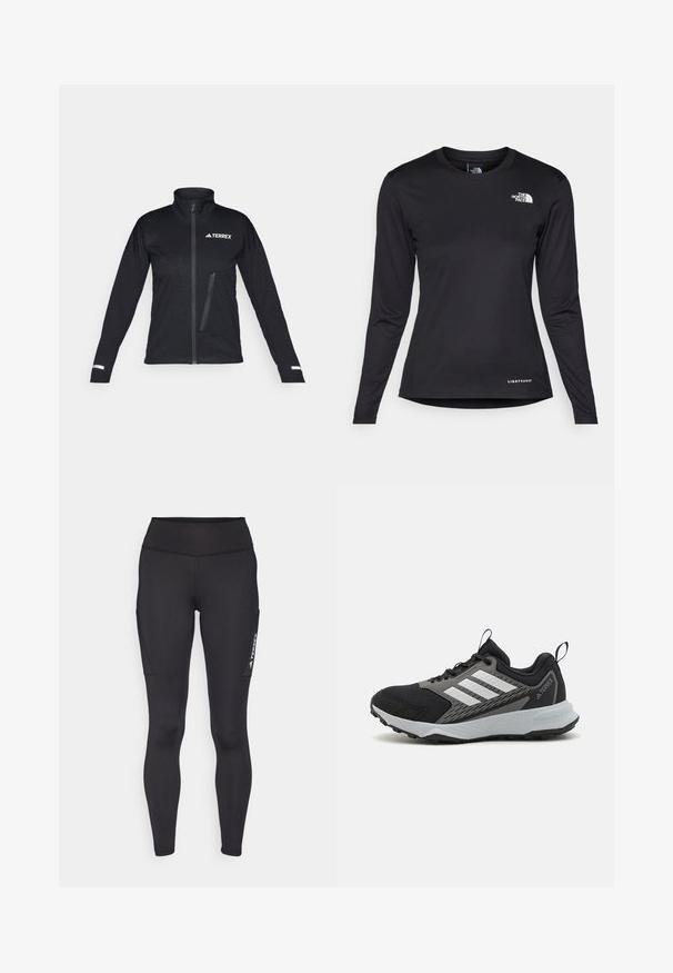 Giacca softshell nera con colletto alto, frontale con zip, tasca laterale, motivo testurizzato sul tessuto e dettagli riflettenti sulle maniche.; The North Face SHADOW LONG SLEEVE - Maglietta a manica lunga - black; Leggings neri realizzati in materiale elastico, con vita alta, tasche laterali e marchio bianco a contrasto sulla gamba sinistra.; Scarpa sportiva nera con accenti grigi, dotata di una tomaia in mesh testurizzato, tre strisce bianche e una suola in gomma per una buona aderenza.