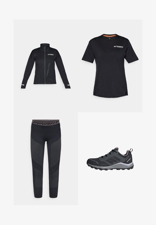 Sort softshell-jakke med høj krave, lynlåslukning foran, sidelomme, struktureret mønster på stoffet og reflekterende detaljer på ærmerne.; Sort kortærmet T-shirt med rund halsudskæring, der har en subtil meleret tekstur og hvid "TERREX"-logo på den øverste venstre side.; Dynafit SPEED DRYARN W TIGHTS - Tights - black out; Sorte sportssko med grå detaljer, overdel i syntetisk mesh, polstret sål, snøresystem og struktureret sål for godt greb.