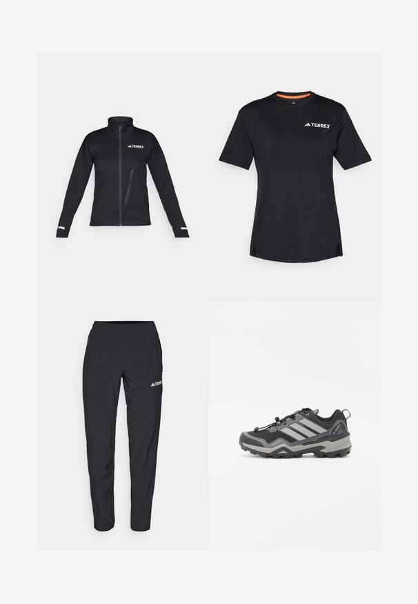 Svart softshell-jakke med høy krage, glidelås foran, sidelomme, strukturert mønster på stoffet og reflekterende detaljer på ermene.; Svart T-skjorte med kort erme og rund hals, med en subtil melert tekstur og hvit "TERREX" logo på øverste venstre side.; Svarte treningsbukser laget av lett, elastisk materiale med elastisk midjebånd og sidelommer med glidelås. Har hvitt logo på låret.; Svart og grå fjellsko med en teksturert overflate, gummisåle og tre fremtredende grå striper på siden; har et raskt snøringssystem.