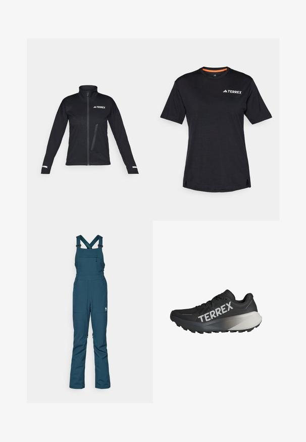 Zwarte softshell jack met hoge kraag, ritssluiting aan de voorkant, zijzak, textuurpatroon op de stof en reflecterende accenten op de mouwen.; Zwarte T-shirt met korte mouwen en ronde hals, met een subtiele heatherstructuur en een wit "TERREX" logo aan de bovenlinkerkant.; Teal sneeuw bib overall met verstelbare schouderbanden, een ritszak op de borst en twee zijzakken, gemaakt van duurzaam weerbestendig materiaal.; Zwarte hardloopschoen met een gestructureerde bovenkant, prominente "TERREX" logo in het wit, taps toelopend zoolontwerp en een gradiënt grijze accent op de hiel.