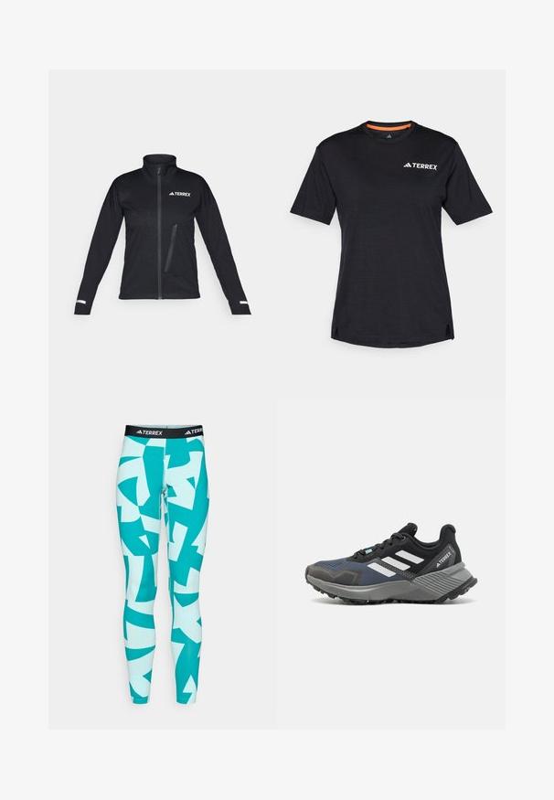 Schwarze Softshelljacke mit hohem Kragen, Reißverschluss vorne, seitlicher Tasche, strukturiertem Muster im Stoff und reflektierenden Akzenten an den Ärmeln.; Schwarzes Kurzarm-T-Shirt mit Rundhalsausschnitt, das eine dezente melierte Textur aufweist und ein weißes "TERREX"-Logo auf der oberen linken Seite hat.; Türkise Leggings mit abstrakten weißen und türkisfarbenen geometrischen Mustern. Hergestellt aus elastischem Material, mit einem schwarz-weißen TERREX-Logo auf dem Bund.; Sportlicher Schuh mit Mesh-Obermaterial in Schwarz- und Blautönen. Mit weißen Streifen, grauer Gummisohle und strukturiertem Zwischensohlenmaterial für besseren Halt.