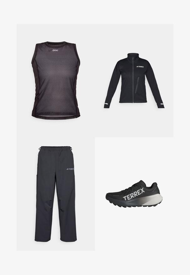 Casaco softshell preto com colarinho alto, fecho zip na frente, bolso lateral, padrão texturizado no tecido e detalhes refletivos nas mangas.; Camisola atlética preta sem mangas com um design em rede, apresentando um decote arredondado e o logo POC. O tecido parece leve e respirável.; Calças de exterior pretas e leves, com um cós elástico, bolsos laterais e um logótipo na parte superior da perna direita. Tecido suave e resistente à água.; Sapatilha de corrida preta com um upper texturizado, logótipo "TERREX" em branco em destaque, design de sola afilada, e um acento em gradiente cinza no calcanhar.