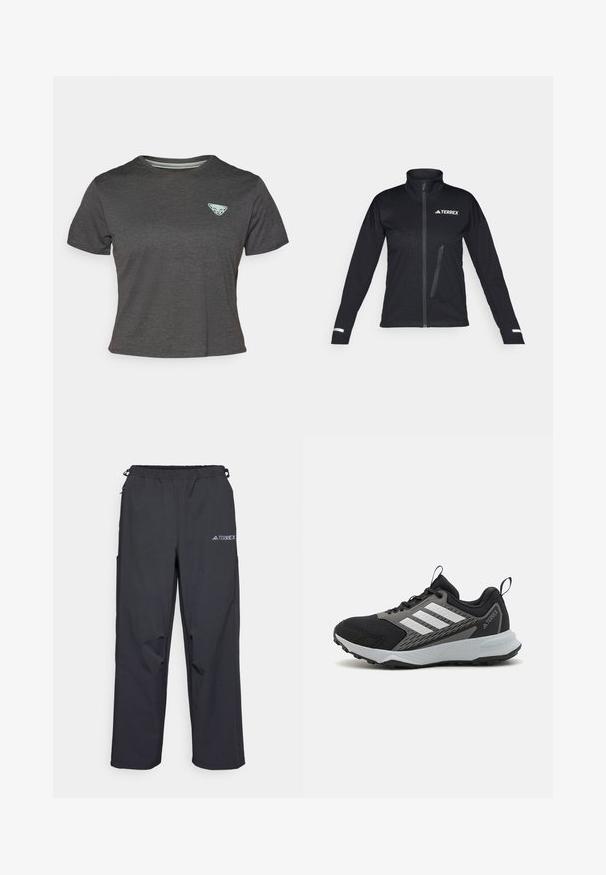 Černá softshellová bunda s vysokým límcem, zipem vpředu, boční kapsou, texturovaným vzorem na látce a reflexními detaily na rukávech.; Šedé tričko s krátkým rukávem vyrobené z texturované tkaniny. Na levé části hrudi se nachází trojúhelníková světlezelená nášivka. Klasický kulatý výstřih.; Černé, lehké venkovní kalhoty s elastickým pasem, bočními kapsami a logem na pravé horní nohavici. Hladká, voděodolná tkanina.; Černá sportovní bota s šedými akcenty, s texturovaným síťovaným svrchním materiálem, třemi bílými pruhy a gumovou podešví pro lepší trakci.