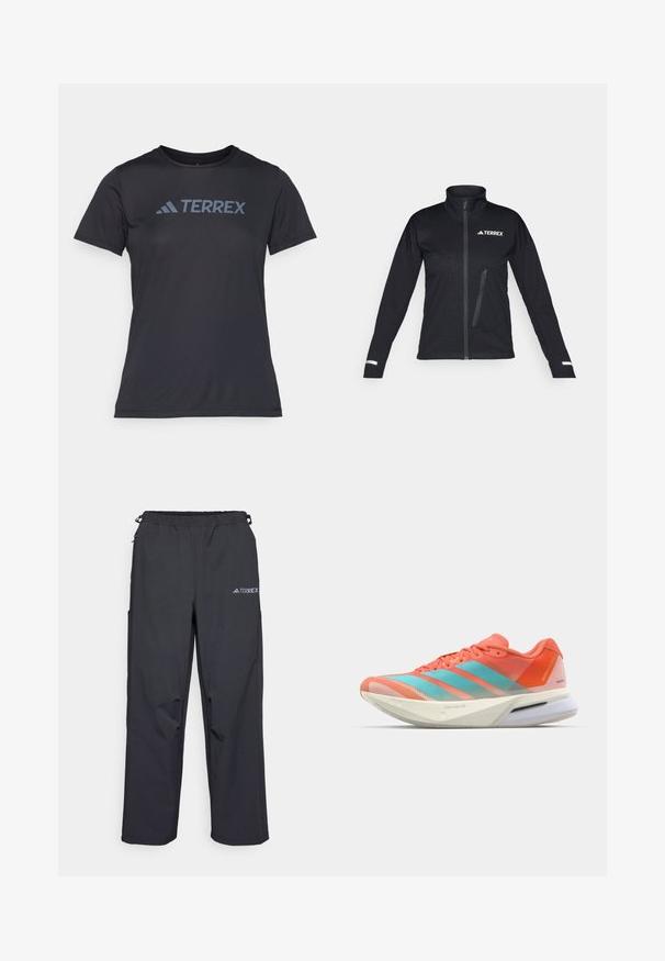 Μαύρο σακάκι softshell με ψηλό γιακά, φερμουάρ μπροστά, πλαϊνές τσέπες, υφή στο ύφασμα και ανακλαστικές λεπτομέρειες στα μανίκια.; Μαύρο αθλητικό μπλουζάκι κοντού μανικιού από ύφασμα που απορροφά την υγρασία, με στρογγυλή λαιμόκοψη και μεγάλη λογότυπο "TERREX" σε σκούρο γκρι στο στήθος.; Μαύρο, ελαφρύ παντελόνι εξωτερικού χώρου με ελαστική μέση, πλευρικές τσέπες και λογότυπο στο επάνω δεξί πόδι. Λείο, αδιάβροχο ύφασμα.; Αθλητικά παπούτσια για τρέξιμο με αναπνεύσιμο πλέγμα στο πάνω μέρος σε κοραλλί και αχάτη, διαθέτοντας τρεις ρίγες, μαξιλαρωμένη σόλα και κομψό σχέδιο.