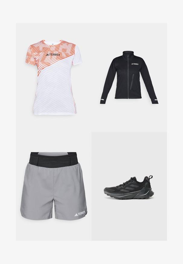 Melnā softshell jaka ar augstu apkakli, rāvējslāpja priekšpusi, sānu kabatu, teksturētu auduma rakstu un atstarojošajiem akcentiem uz piedurknēm.; Balts un oranžs īsām piedurknēm sporta krekls ar diagonālu svītru rakstu un "TERREX" logotipu uz krūšu daļas.; Pelēkas sporta šortas ar elastīgu melnu jostu, viegls materiāls, brīva piegriezuma forma un balts logo akcentu apakšējā labajā pusē.; Melnas sporta kurpes ar teksturētu auduma augšdaļu, izteikta trīs joslu dizains pelēkā krāsā, mīksta vidus kārta un izturīga zole.