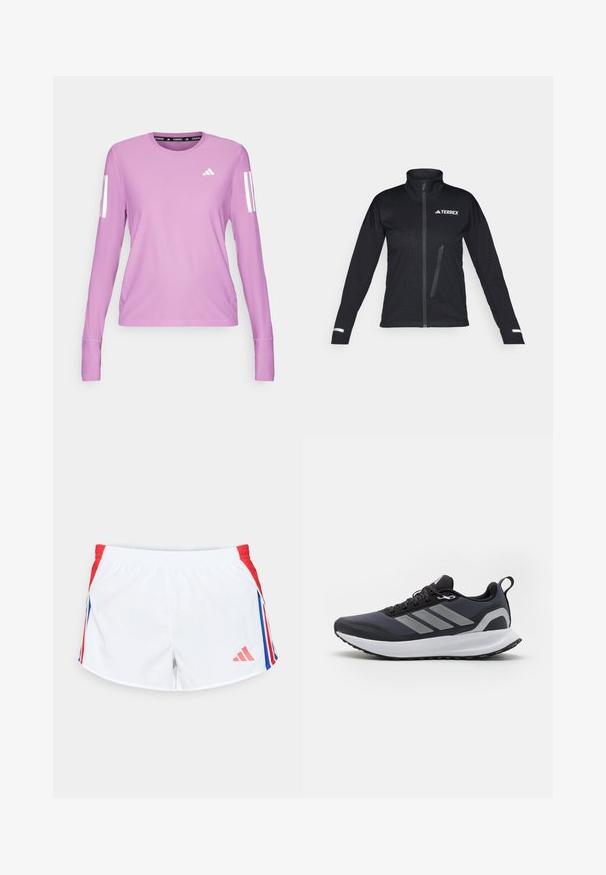 Jachetă neagră din material softshell, cu guler înalt, fermoar în față, buzunar lateral, model texturat pe țesătură și accente reflective pe mâneci.; adidas Performance Bluză cu mânecă lungă - preloved purple; Pantaloni scurți sport albi cu panouri laterale roșii, având dungi albastre. Braț elastic la talie și logo în partea stângă jos. Textură de material neted.; Pantofii sport negri au un superior din plasă, o talpă intermediară albă, o talpă din cauciuc texturat și trei dungi gri pe lateral. Acestia dispun de șireturi și o bucată de prindere.