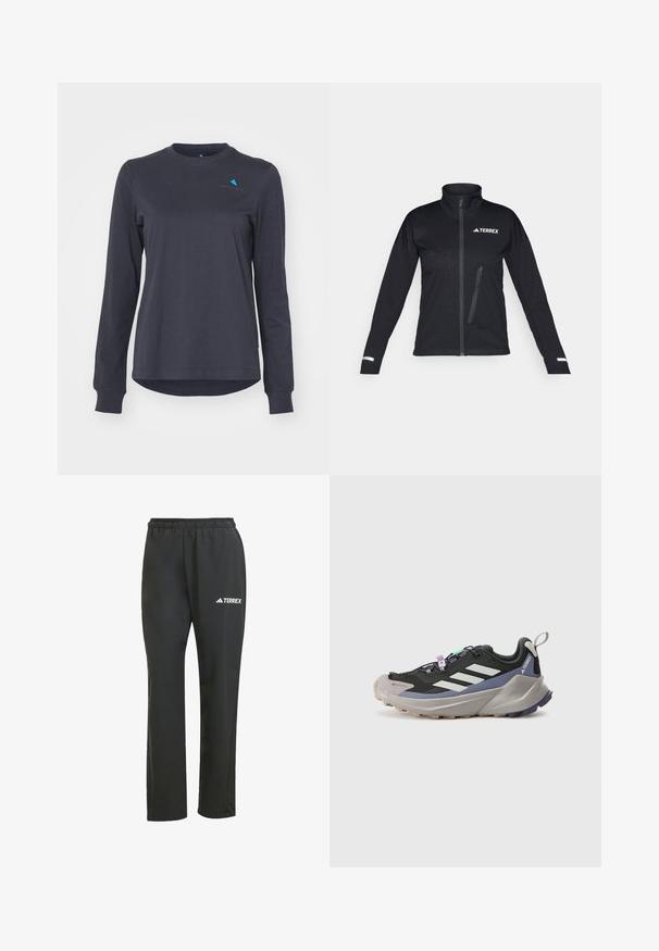 Juoda minkštosios odos striukė su aukštu apykakle, užtrauktuko priekyje, šoniniu kišeniu, tekstūruota medžiagos raštas ir atspindinčios akcentai ant rankovių.; Ilga rankovė tamsiai pilka marškinėliai iš švelnios medžiagos, su apvalia iškirpte, raukiniais ant rankovių ir mažą mėlyną logotipo akcentą ant krūtinės.; Juodos lengvos kelnės su elastine juosta. Pabrėžia subtilų baltą „TERREX“ logotipą. Lygus audinys ir tiesus kirpimas.; Juodas sportinis batas su Gore-Tex viršumi, baltomis juostelėmis, purpuriniais akcentais, storu pilku viduriniu padu ir tekstūruotu pilku išoriniu padu, kuris suteikia sukibimą.