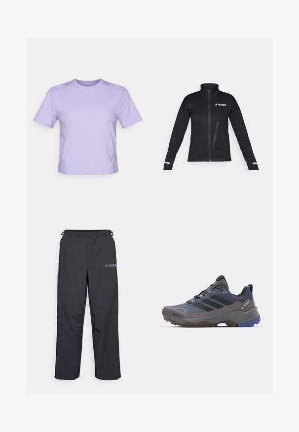 Fekete softshell dzseki magas gallérral, cipzáras elülső résszel, oldalsó zsebbel, textúrált mintázattal az anyagon és fényvisszaverő díszítéssel a ujjain.; Lila, rövid ujjas sportpóló kerek nyakkivágással, sima textúrával és finom kontrasztos varrásokkal. Minimális logó a mellrészen.; Fekete, könnyű kültéri nadrág, rugalmas derékrésszel, oldalzsebekkel és logóval a jobb oldali comb felső részén. Simal, vízlepergető szövet.; Szürke és kék túracipők, hálós és szintetikus felsőrésszel, texturált talppal, kiemelkedő fűzővel és három fekete csíkkal az oldalon.