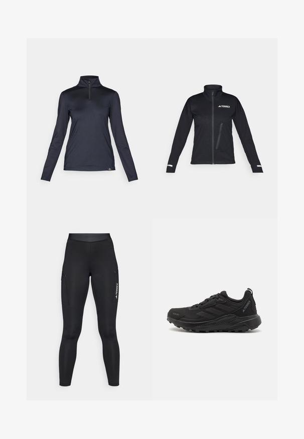 Black softshell jacket with a high collar, zippered front, side pocket, textured pattern on fabric, and reflective accents on sleeves.; Bogner Fire + Ice MARGO2 - Long sleeved top - deepest navy; Black athletic leggings with a fitted design, made of stretchy material. Features side pockets and white "TERREX" branding.; Black athletic shoes featuring a textured synthetic upper, lace closure, thick rubber sole, and discreet logo accents on the side and heel.