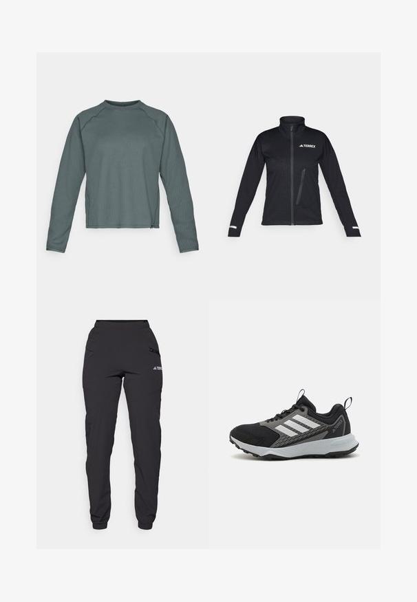 Jachetă neagră din material softshell, cu guler înalt, fermoar în față, buzunar lateral, model texturat pe țesătură și accente reflective pe mâneci.; Top cu mâneci lungi, de tip crew-neck, realizat dintr-un material texturat de culoare teal închis, cu un model cu nervuri și o tivă ușor scurtă.; Pantaloni negri waterproof cu talie elastică, buzunare laterale cu fermoar, picioare conice și manșete ribbate la gleznă. Prezentă accente cu logo.; Pantofii sport negri cu accente gri, având un superior din plasă texturată, trei dungi albe și o talpă din cauciuc pentru aderență.