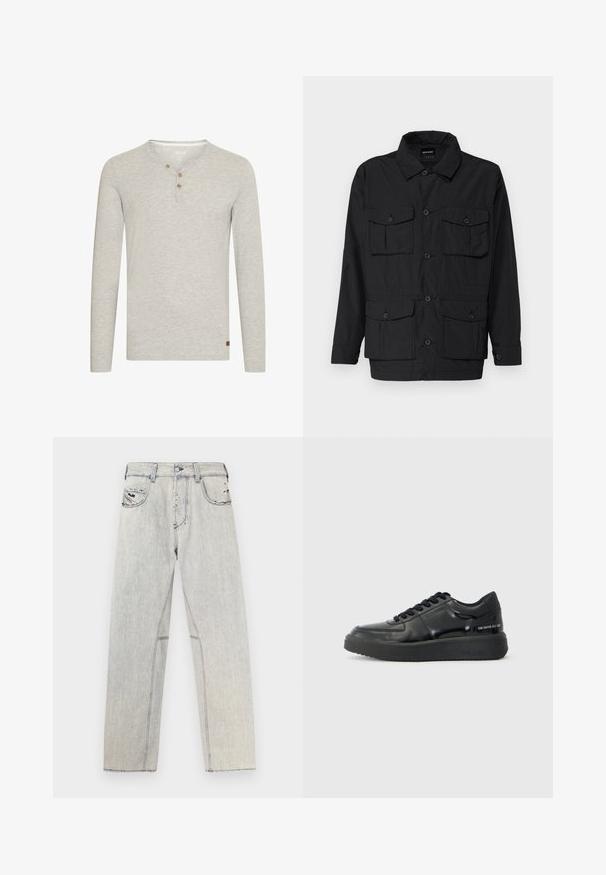 Čierna, ľahká bunda s gombíkmi vpredu, dvoma náprsníkovými vreckami a dvoma dolnými vreckami s klopou. Obsahuje golier a dlhé rukávy.; Svetlo šedá dlhá košeľa s dlhým rukávom vyrobená z jemnej látky, so zaobleným výstrihom, tromi drevenými gombíkmi a malou hnedou logom nášivkou na leme.; Svetlomodré jeansy so strihom na rovno, s kontrastným prešívaním, dvoma prednými vreckami a ošúchanými detailmi na tkanine.; Čierne kožené tenisky s hladkým povrchom, okrúhlou špičkou a kontrastnou čiernou gumovou podrážkou. Majú ploché šnúrky a branding na boku.