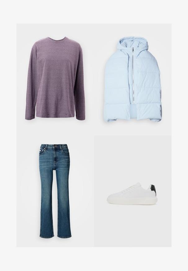Hellblau, gefütterte Daunenjacke mit Kapuze, ausgestattet mit einem metallischen Reißverschluss, die über gesteppten Einsätzen und ein offenes Frontdesign verfügt. Weiches, strukturiertes Material.; Langärmliges, lila gestreiftes Hemd mit Rundhalsausschnitt. Verfügt über horizontale Streifen und einen lässigen Schnitt mit Seitenschlitzen am Saum.; Hochtaillierte blaue Jeans aus Denim mit geradem Bein, dezentem Verblassen und einem standardmäßigen Knopf- und Reißverschluss.; Weiße Sneakers mit einem strukturierten schwarzen Fersenakzent, glattem Stoffoberteil, runder Zehenpartie, flacher weißer Sohle und Schnürung vorne.