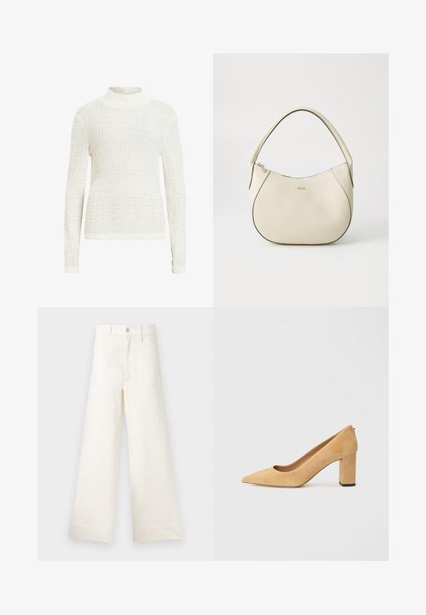 Lys blå, hættetrøje pufferjakke med en metallisk lynlås, der har quiltede paneler og et åbent frontdesign. Blødt, tekstureret stof.; AllSaints CONNIE FRANCESCO - Langærmet T-shirt - white; Bredde benbukser i lys beige bomuld. Har høj talje, for- og baglommer samt lige pasform. Renset kantafslutning uden mønstre.; Beige ruskind højhælede pumper med spidse tæer og en kraftig blokhæl. Materialet har en blød tekstur med en glat overflade.; Cremefarvet håndtaske med tekstureret finish, buet form, kort håndtag og guldfarvet logo-detalje. Lynlås lukning øverst.