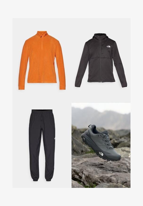 The North Face - Kurtka Softshell; CMP - Bluza z polaru; Czarne spodenki sportowe wykonane z lekkiego materiału, z elastycznym pasem na sznurek, bocznymi kieszeniami i zwężanymi mankietami przy kostkach.; Szare buty do biegania w terenie z teksturową cholewką, trwałą gumową podeszwą i wzmocnionym noskiem. Posiadają sznurowadła oraz logo marki z boku.