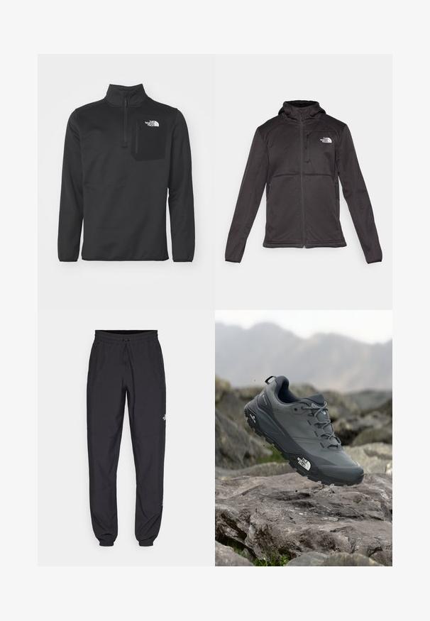 The North Face M QUEST HOODED SOFTSHELL - Giacca softshell - black; Pullover in pile nero con zip a quarto e colletto alto, dotato di taschino sul petto, dettaglio del logo e texture liscia.; Pantaloni sportivi neri realizzati in tessuto leggero, con vita regolabile con cordino, tasche laterali e orli affusolati alle caviglie.; Scarpa da trail running grigia con tomaia testurizzata, suola in gomma resistente e punta rinforzata. Presenta lacci e logo del marchio sul lato.