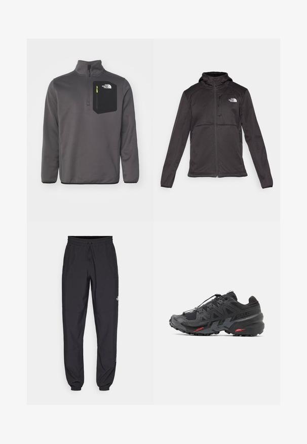 The North Face M QUEST HOODED SOFTSHELL - Giacca softshell - black; The North Face CREST ¼ ZIP - Felpa - anthracite grey/black; Pantaloni sportivi neri realizzati in tessuto leggero, con vita regolabile con cordino, tasche laterali e orli affusolati alle caviglie.; Scarpa da corsa nera con tomaia sintetica, design testurizzato e accenti rossi a contrasto. Presenta un sistema di lacci sicuro e una suola robusta.