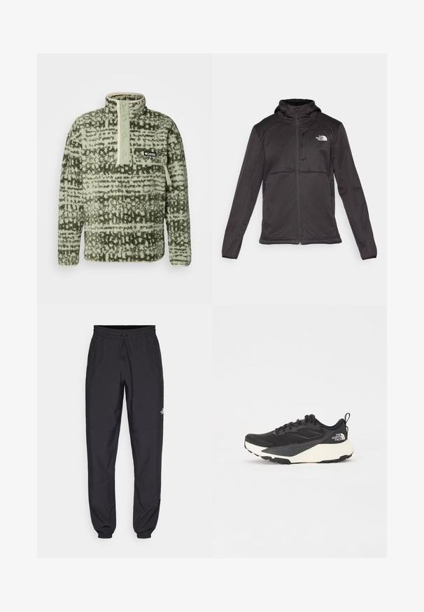 The North Face M QUEST HOODED SOFTSHELL - Softshelljacke - black; Columbia HELVETIA - Fleecepullover - greenscape; Schwarze Sporthosen aus leichtem Stoff, mit einem Kordelzugbund, seitlichen Taschen und schmal zulaufenden Bündchen an den Knöcheln.; Schwarzer Sportschuh mit strukturiertem Mesh-Obermaterial, komplett schwarzen Akzenten und leichter weißer Laufsohle. Verfügt über eine Schnürung und eine Zuglasche.