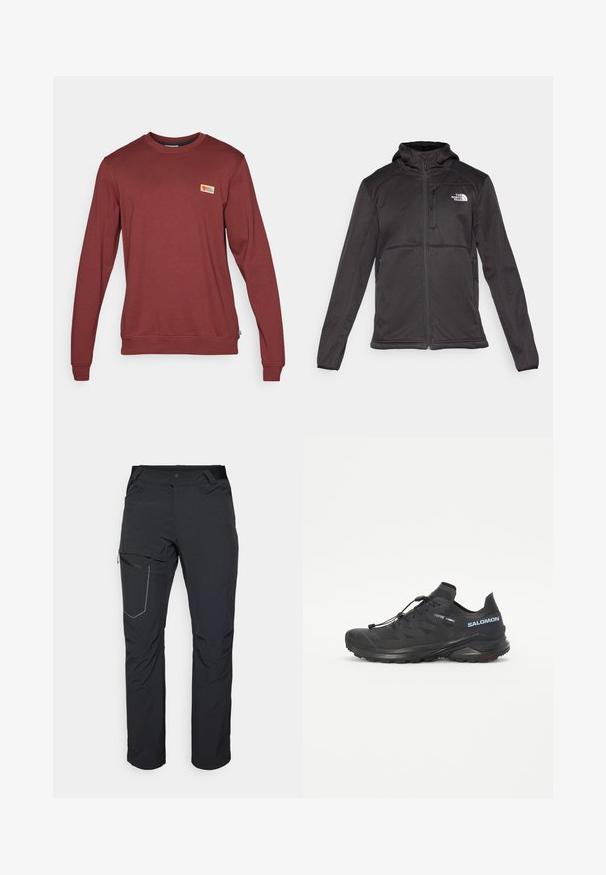 The North Face M QUEST HOODED SOFTSHELL - Softshellová bunda - black; Červená mikina s dlouhým rukávem vyrobená z bavlněné směsi, s vroubkovaným výstřihem, manžetami a malou nášivkou loga na hrudi.; Černé venkovní kalhoty s kapsou na stehně se zipem, elastickým pasem a hladkým, voděodolným materiálem. Čistý design bez viditelných log.; Černé trailové běžecké boty s texturovaným svrškem, elastickými šňůrkami a podrážkou Contagrip. Mají pevné padnutí a ochrannou špičku.