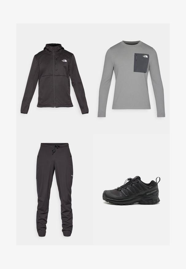 The North Face M QUEST HOODED SOFTSHELL - Giacca softshell - black; Maglietta grigia a maniche lunghe con tessuto testurizzato, dotata di una tasca sul petto grigia scura e chiusura con zip. Logo bianco sulla tasca.; Pantaloni sportivi neri con coulisse, dotati di tasche laterali, tessuto leggermente stropicciato e un piccolo logo visibile sulla coscia destra.; Scarpa sportiva nera con parte superiore in sintetico testurizzato, suola imbottita e sistema di allacciatura rapida. Presenta una punta e un tallone rinforzati.