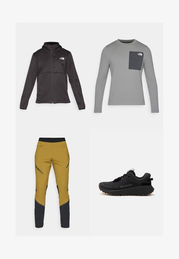 The North Face M QUEST HOODED SOFTSHELL - Soft shell jacket - black; Long-sleeve gray shirt with textured fabric, featuring a dark gray chest pocket and a zip closure. Logo on pocket in white.; Yellow pants with black accents, featuring a tapered design, elastic waistband, and zippered pockets for secure storage.; Black Columbia athletic shoe with a textured surface, padded collar, and rubber outsole featuring a distinct pattern for traction.