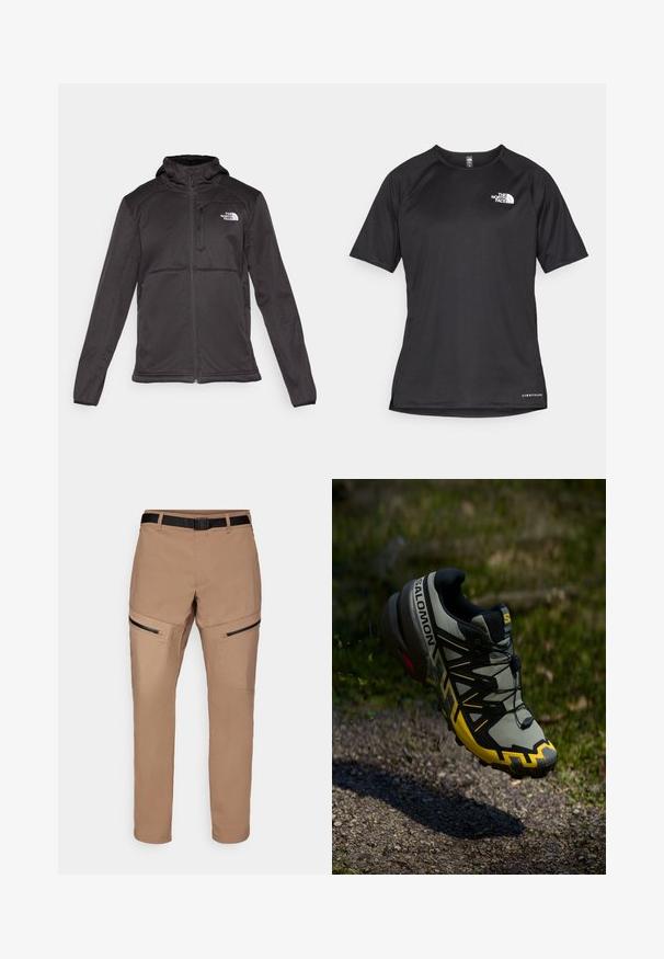The North Face M QUEST HOODED SOFTSHELL - Chaqueta softshell - black; Camiseta atlética corta negra de manga corta con una tela texturizada, que presenta un logo blanco en el lado izquierdo del pecho y un dobladillo recto.; Pantalones de senderismo beige con corte recto, que cuentan con bolsillos laterales con cremallera, un tejido duradero y un cinturón negro ajustable en la cintura.; Zapatilla de trail running de Salomon en gris apagado con acentos en amarillo brillante. Cuenta con una suela texturizada, un sistema de lazada seguro y un collar acolchado.