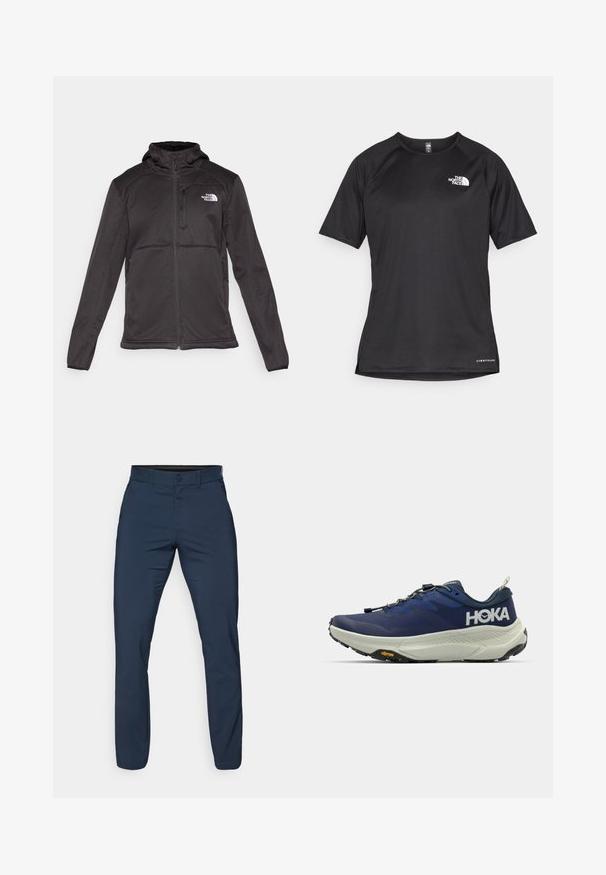 The North Face M QUEST HOODED SOFTSHELL - Softshelljas - black; Zwarte sportshirt met korte mouwen van textuurstof, met een wit logo op de linkerborst en een rechte zoom.; Marineblauwe chino's van gladde stof, met een flat front, riemlussen en zijzakken, in een getailleerde pasvorm en taps toelopende broekspijpen.; HOKA hardloopschoen in marineblauw met bovenkant van mesh, dikke crèmekleurige middenzool, grijze buitenzool, Vibram-logo en elastische veters.