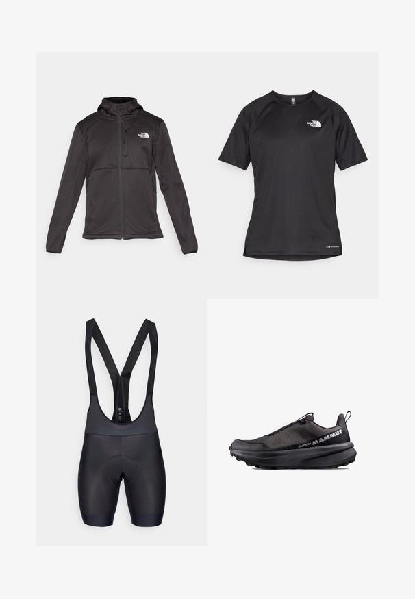 The North Face M QUEST HOODED SOFTSHELL - Softshelljacka - black; Svart kortärmad träningsskjorta i strukturerad tyg, med en vit logotyp på vänster bröst och rak fåll.; Svarta cykelbyxor med texturerat tyg, vadderad sätthylsa för komfort och justerbara axelremmar. Slät finish och åtsittande design.; Mammut AENERGY MTN LOW GTX - Hikingskor - iguana black