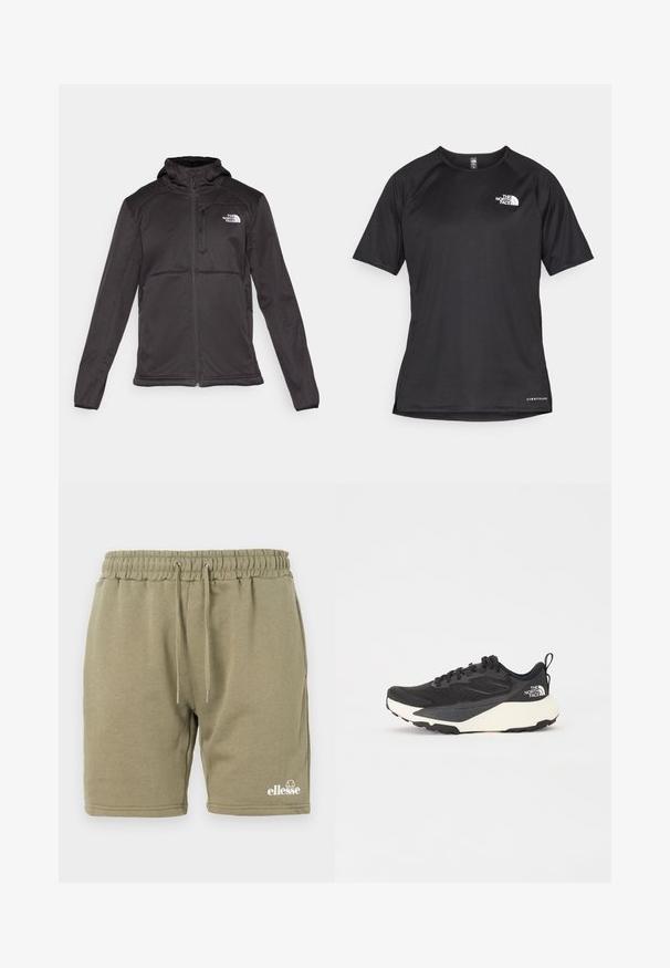 The North Face M QUEST HOODED SOFTSHELL - Soft shell jacket - black; Black short-sleeve athletic shirt with a textured fabric, featuring a white logo on the left chest and a straight hem.; Olive green sweat shorts made of soft cotton blend, featuring an elastic waistband with drawstring and a printed logo in the lower corner.; Black athletic shoe with textured mesh upper, solid black accents, and white lightweight outsole. Features lace-up closure and pull tab.