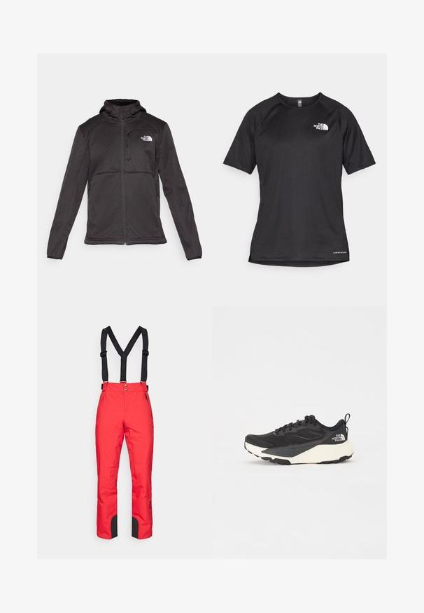 The North Face M QUEST HOODED SOFTSHELL - Softshelljacka - black; Svart kortärmad träningsskjorta i strukturerad tyg, med en vit logotyp på vänster bröst och rak fåll.; Colmar SALOPETTE PANTS - Skidbyxor - english red; Svart sportskor med strukturerad meshöversida, helt svarta detaljer och vit lätt sula. Utökad med snörning och dragflik.