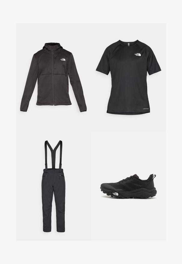 The North Face - Kurtka Softshell; Czarna, krótkosleeve'owa koszulka sportowa z teksturowanej tkaniny, z białym logo na lewej piersi i prostym dołem.; Czarne spodnie narciarskie z regulowanymi szelkami, dwoma przednimi kieszeniami na zamek błyskawiczny i etui o slim fit. Wykonane z trwałego, wodoodpornego materiału.; Czarne buty do biegania w terenie z teksturowaną cholewką, gumową podeszwą i wzmocnionym noskiem. Posiadają wyściełany kołnierz oraz uchwyt do łatwego zakładania.