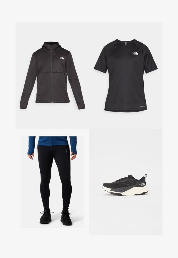The North Face M QUEST HOODED SOFTSHELL - Soft shell jacket - black; Black short-sleeve athletic shirt with a textured fabric, featuring a white logo on the left chest and a straight hem.; Black athletic leggings made from stretchy fabric, featuring a fitted design and a side logo detail. Paired with black athletic shoes.; Black athletic shoe with textured mesh upper, solid black accents, and white lightweight outsole. Features lace-up closure and pull tab.