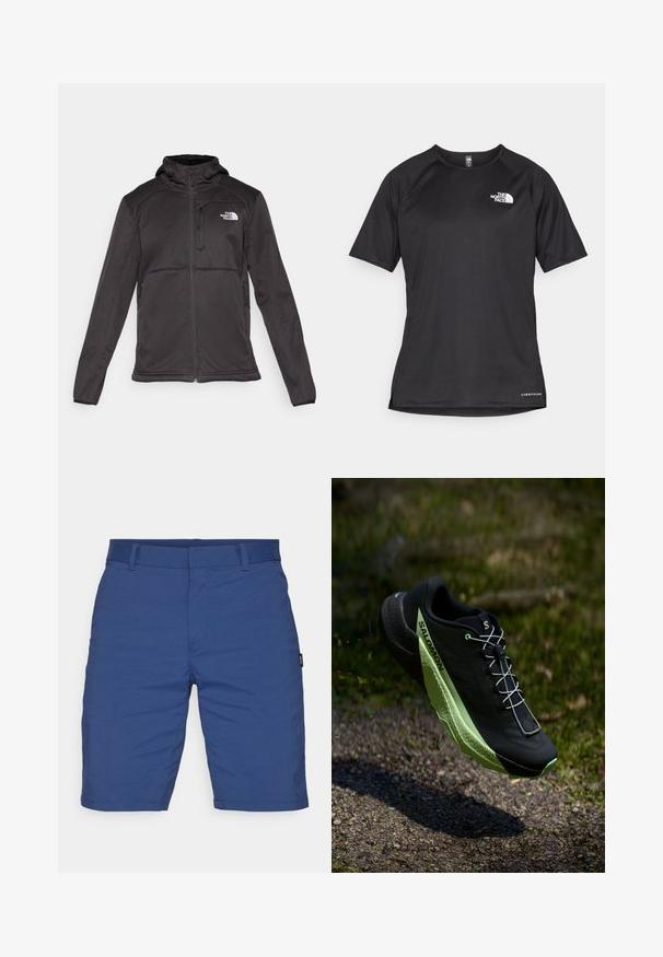 The North Face M QUEST HOODED SOFTSHELL - Softshelljacke - black; Schwarzes kurzärmliges Sportshirt aus strukturiertem Stoff, mit einem weißen Logo auf der linken Brust und einem geraden Saum.; Blaue Shorts aus leichtem Material. Mit flachem Frontschnitt, Gürtelschlaufen und ohne sichtbare Taschen. Glatte Textur mit maßgeschneidertem Schnitt.; Schwarzer Laufschuh mit strukturierten Oberflächen und grünen Akzenten. Verfügt über ein leichtes Design und eine einzigartige, gemusterte Sohle für Traktion.