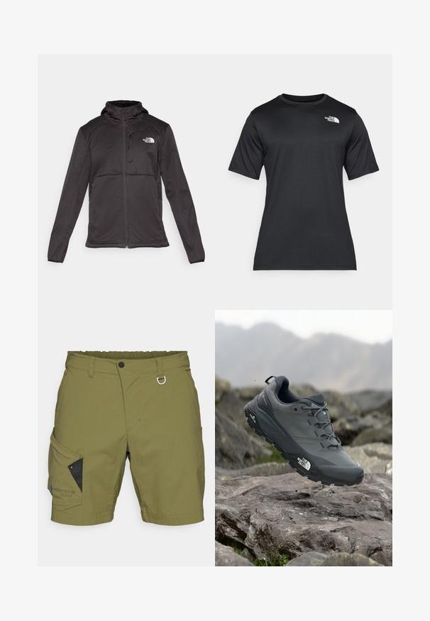 The North Face M QUEST HOODED SOFTSHELL - Softshellová bunda - black; Černé tričko s krátkým rukávem vyrobené z lehkého, vlhkost-odvádějícího materiálu. Obsahuje bílé logo na levé hrudi a kulatý výstřih.; Olivově zelené šortky s texturovanou tkaninou, se strečovým pasem, předním knoflíkem a černou síťovanou kapsou s modrým logem.; Šedá trailová běžecká bota s texturovaným svrškem, odolnou gumovou podrážkou a vyztuženou špičkou. Obsahuje tkaničky a logo značky na straně.