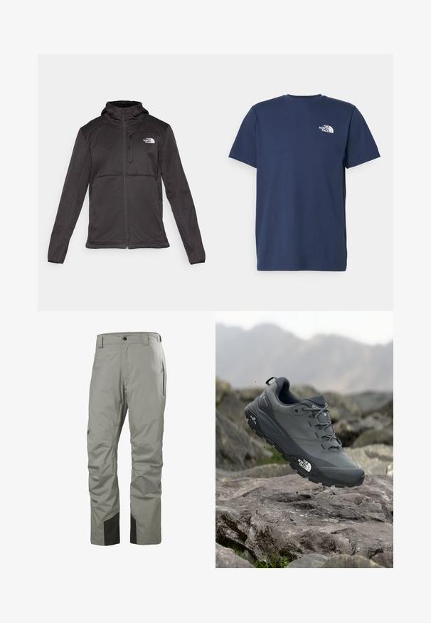 The North Face M QUEST HOODED SOFTSHELL - Softshelljas - black; Marineblauwe katoenen t-shirt met korte mouwen en ronde hals. Heeft een klein wit logo op de linkerkant van de borst. Gladde textuur.; Lichtgrijze waterdichte broek gemaakt van synthetisch materiaal met een gladde textuur. Voorzien van zwarte accenten aan de onderkant en ritszakken aan de zijkant.; Grijze trailrun-schoen met een gestructureerde bovenkant, duurzame rubbersole en versterkte neuskap. Voorzien van veters en een merkimprint aan de zijkant.
