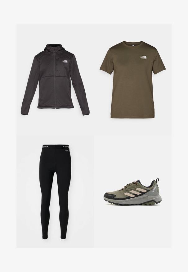 The North Face - Kurtka Softshell; Oliwkowa bawełniana koszulka z krótkim rękawem, okrągłym dekoltem i białym logo na lewej piersi. Gładka struktura materiału, regularny krój.; Czarne legginsy sportowe o dopasowanym kroju i elastycznym pasku w talii z logo „TERREX”. Wykonane z gładkiego, elastycznego materiału.; Buty do biegania po szlakach w oliwkowym zielonym kolorze z czarnymi akcentami. Posiadają trzy białe paski, teksturowany materiał i wytrzymałą podeszwę zapewniającą przyczepność.