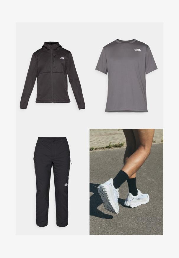 The North Face M QUEST HOODED SOFTSHELL - Softshell-takki - black; Harmaa lyhythihainen urheilupaita, joka on valmistettu sileästä, kevyestä kankaasta. Sisältää valkoisen logon vasemmassa rintakappaleessa. Pyöreä kaula-aukko.; The North Face WINTER EXPLORATION TAPERED CARGO  - Ulkohousut - black; Valkoiset juoksukengät, joissa on teksturoitu päällinen, paksut valkoiset pohjat ja mustat yksityiskohdat, käytetty mustien nilkkasukkien kanssa asfaltilla.