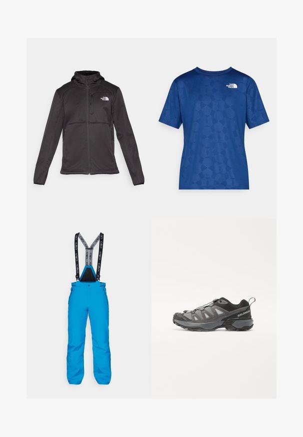 The North Face M QUEST HOODED SOFTSHELL - Softshell-takki - black; Sininen lyhythihainen paita, jossa on teksturoitu geometrinen kuvio ja valkoinen logo vasemmassa yläkulmassa. Valmistettu kevyestä ja hengittävästä materiaalista.; Siniset hiihtohousut, joissa on säädettävät mustat ja harmaat olkaimet, vetoketjulliset sivutaskut ja kestävä, vedenpitävä materiaali.; Urheilukenkä, jossa on virtaviivainen muotoilu, harmaa synteettinen päällinen verkkopaneeleilla, mustat yksityiskohdat ja kumipohja, jossa on pronounced-uritus.