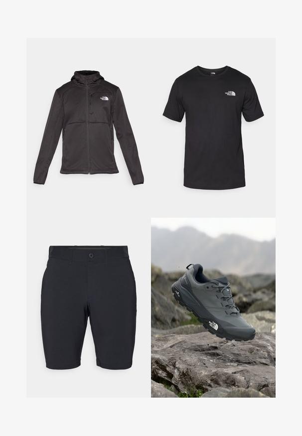 The North Face M QUEST HOODED SOFTSHELL - Softshell-takki - black; Mustat lyhythihaiset t-paidat, jotka on valmistettu puuvillasta. paidassa on pyöreä pääntie ja pieni valkoinen logo vasemmassa ylärintataskussa.; Mustat shortsit, jotka on valmistettu kevyestä kankaasta. Niissä on suora lahje, tasainen etuosa ja yksittäinen napin sulku, jossa on vyölenkit.; Harmaa polkujuoksukenkä, jossa on teksturoitu päällinen, kestävä kumipohja ja vahvistettu varvastoppa. Varustettu nauhoilla ja brändin logolla sivussa.