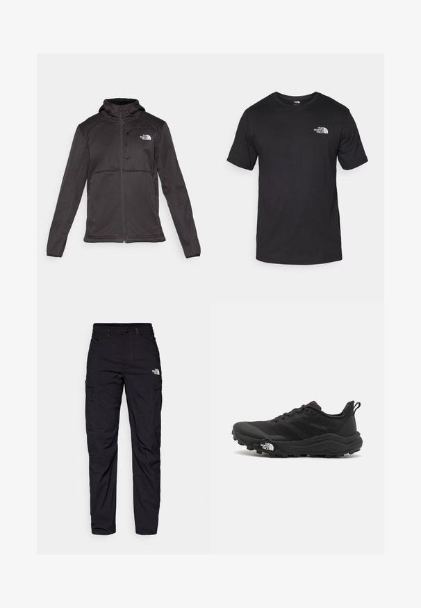 The North Face M QUEST HOODED SOFTSHELL - Softshelljacka - black; Svart t-shirt med kort ärm gjord av bomull, med rund halsringning och en liten vit logotyp på övre vänstra bröstområdet.; Svarta cargobyxor tillverkade av slitstarkt tyg, med rak benlinje, flera fickor med dragkedja och en liten logotyp framtill.; Svart terränglöparsko med en strukturerad ovandel, gummisula och förstärkt tåhätta. Har en vadderad krage och en dragflik för enkel påtagning.