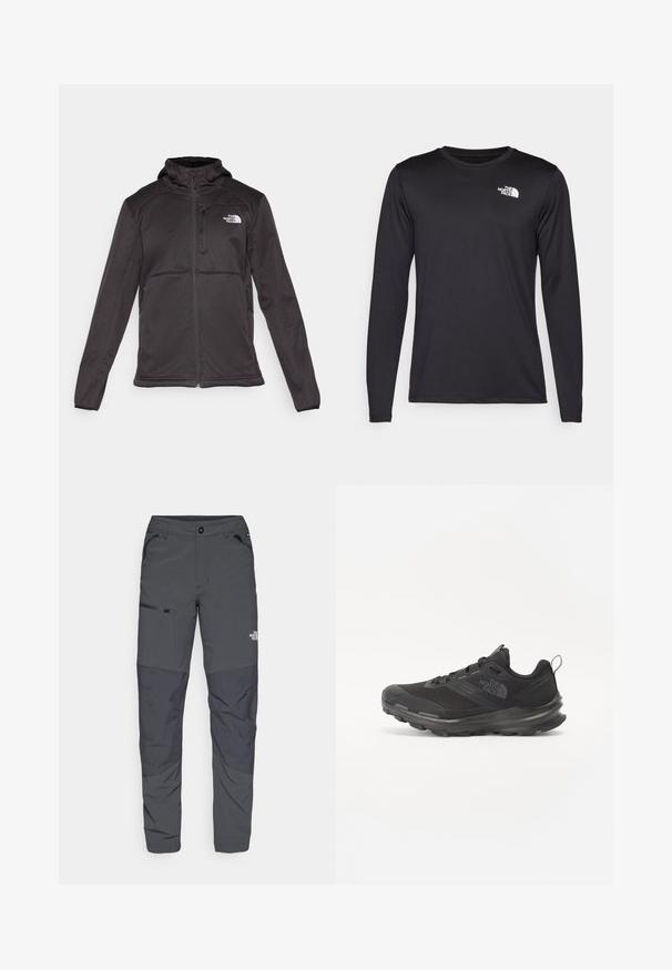 The North Face - Kurtka Softshell; Czarna koszulka z długim rękawem, wykonana z lekkiego materiału, z białym logo na górnej lewej części klatki piersiowej. Gładka tekstura.; Szare spodnie zewnętrzne o gładkiej teksturze, z boczną kieszenią na zamek, wzmocnionymi częściami kolan oraz delikatnym detalem z logo.; Czarne buty sportowe z siateczkowym wierzchem, gumową podeszwą i wyściełanym kołnierzem. Posiadają sznurówki, logo z boku oraz teksturowany wzór.