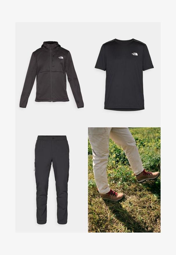 The North Face M QUEST HOODED SOFTSHELL - Giacca softshell - black; T-shirt nero a maniche corte realizzata in tessuto leggero. Presenta un piccolo logo bianco sul lato sinistro del petto e delicati dettagli sulle spalle.; Pantaloni neri a sigaretta con vita elastica, tasca laterale con zip e tessuto leggero e liscio. Ideali per l'abbigliamento sportivo.; Scarponi da trekking marroni con lacci rossi, suole in gomma e colletto imbottito, indossati con pantaloni color crema, mentre si cammina attraverso un terreno erboso.