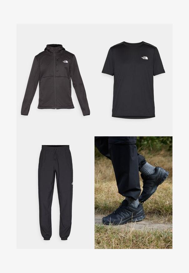 The North Face M QUEST HOODED SOFTSHELL - Chaqueta softshell - black; Camiseta negra de manga corta hecha de tejido ligero. Presenta un pequeño logo blanco en el lado izquierdo del pecho y sutiles acentos en los hombros.; Pantalones deportivos negros hechos de un tejido ligero, con una cinturilla ajustable, bolsillos laterales y puños ajustados en los tobillos.; Zapatillas deportivas negras con parte superior de malla texturizada, suela de goma y un sistema de cordones prominente. Combinadas con calcetines de punto grises y pantalones negros.