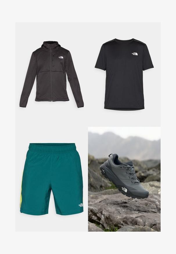 The North Face M QUEST HOODED SOFTSHELL - Softshell-takki - black; Mustapaita lyhyillä hihoilla, joka on valmistettu kevyestä kankaasta. Siinä on pieni valkoinen logo vasemmassa rinnassa ja huomaamattomia olkakoristeita.; Vihreät shortsit, joissa on joustava vyötärö, sivuilla keltaiset yksityiskohdat ja pieni valkoinen logo alhaalla oikeassa jalassa, valmistettu kevyestä kankaasta.; Harmaa polkujuoksukenkä, jossa on teksturoitu päällinen, kestävä kumipohja ja vahvistettu varvastoppa. Varustettu nauhoilla ja brändin logolla sivussa.
