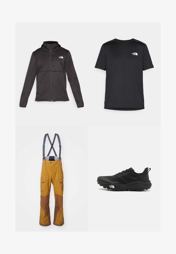 The North Face M QUEST HOODED SOFTSHELL - Softshelljacka - black; Svart kortärmad T-shirt i lättviktig tyg. Har en liten vit logotyp på vänster bröst och subtila axeltoner.; Klättermusen BRAGE SALOPETTE - Skidbyxor - mustard; Svart terränglöparsko med en strukturerad ovandel, gummisula och förstärkt tåhätta. Har en vadderad krage och en dragflik för enkel påtagning.