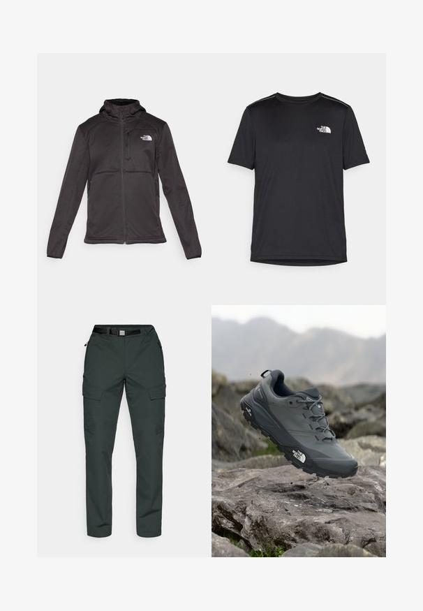 The North Face - Kurtka Softshell; Czarny t-shirt z krótkim rękawem, wykonany z lekkiego materiału. Posiada małe białe logo na lewej piersi oraz subtelne akcenty na ramionach.; Spodnie cargo w ciemnozielonym kolorze, wykonane z trwałej tkaniny. Cechy to pasek, kieszenie zapinane na zamek oraz zwężany krój z lekkim streczem.; Szare buty do biegania w terenie z teksturową cholewką, trwałą gumową podeszwą i wzmocnionym noskiem. Posiadają sznurowadła oraz logo marki z boku.
