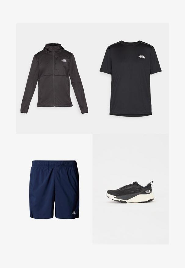 The North Face M QUEST HOODED SOFTSHELL - Softshell-takki - black; Mustapaita lyhyillä hihoilla, joka on valmistettu kevyestä kankaasta. Siinä on pieni valkoinen logo vasemmassa rinnassa ja huomaamattomia olkakoristeita.; Tummansinisiä uimaportaita, jotka on valmistettu kevyestä kankaasta. Ne ovat varustettu joustavalla vyötäröllä, sivutaskuilla ja pienellä logolla alhaalla edessä.; Musta urheilujuoksukenkä, jossa on teksturoitu verkkomateriaali, kiinteät mustat yksityiskohdat ja valkoinen kevyt ulkopohja. Varustettu nauhakiinnityksellä ja vetonipulla.