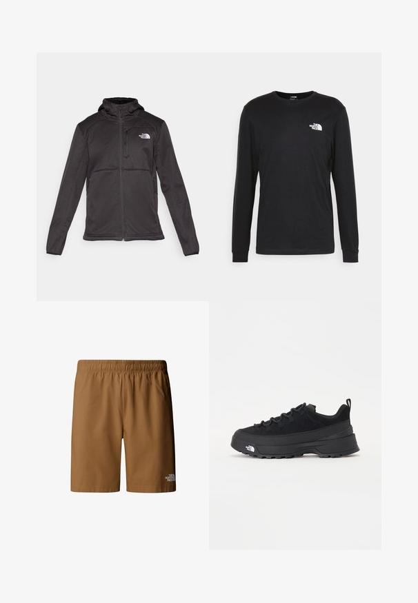 The North Face M QUEST HOODED SOFTSHELL - Softshell jakker - black; Sort langærmet t-shirt lavet af bomuld, med et hvidt logo på venstre bryst og ribbede manchetter. Glat tekstur med rund halsudskæring.; Brune badebukser lavet af letvægtsstof, med en elastisk talje og et lille hvidt logo nederst på højre ben.; Sort udendørs sneakers med overdel i ruskind, tekstureret gummisål og robust snøringssystem. Har en forstærket hæl og logo fra mærket på siden.