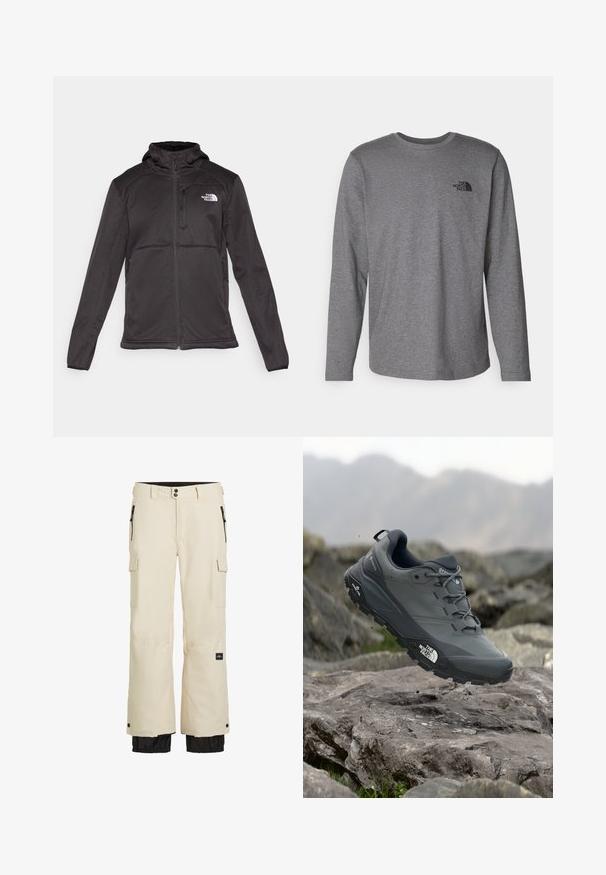 The North Face M QUEST HOODED SOFTSHELL - Softshelljas - black; The North Face M L/S SIMPLE DOME TEE - Longsleeve - medium grey heather; Beige cargobroek met een zwarte ondersectie, voorzien van elastische boorden, meerdere zakken en een ritsluiting. Gemaakt van duurzaam, waterafstotend materiaal.; Grijze trailrun-schoen met een gestructureerde bovenkant, duurzame rubbersole en versterkte neuskap. Voorzien van veters en een merkimprint aan de zijkant.