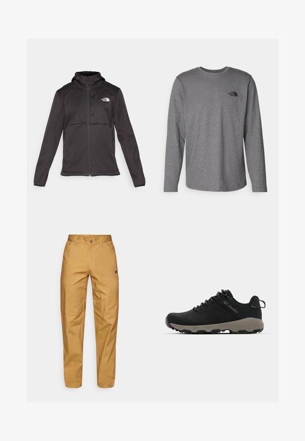 The North Face M QUEST HOODED SOFTSHELL - Chaqueta softshell - black; The North Face M L/S SIMPLE DOME TEE - Camiseta de manga larga - medium grey heather; Pantalones de trabajo para hombre en color beige, con bolsillos frontales, trabillas para el cinturón, cierre de botón y un pequeño logo circular en el muslo derecho.; Zapato de senderismo negro con una parte superior lisa, diseño perforado, suela gris y talón reforzado. Cuenta con cordones y un asa para facilitar el uso.